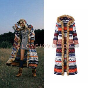 Bohemian | Tribal Print Hooded Jersey Knit Duster | Faux Fur Trim | Scandi Girl